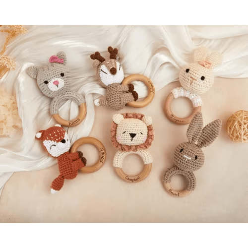 Animal Rattle with Babies Name, Custom Baby Shower Gift, Name Engraving Rattle, Gift for Nephew, Rattle Ring for Newborn Gift, Newborn Gift