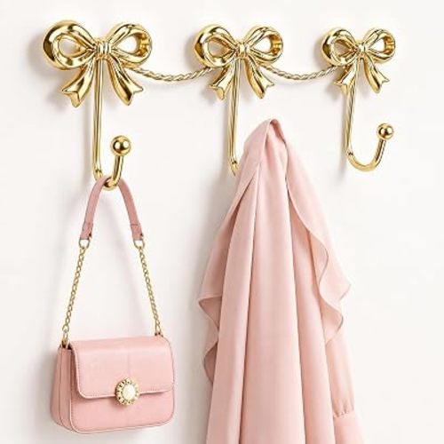 Gold Bow Wall Hooks, 3-Link Metal Hanger for Girls Room and Nursery