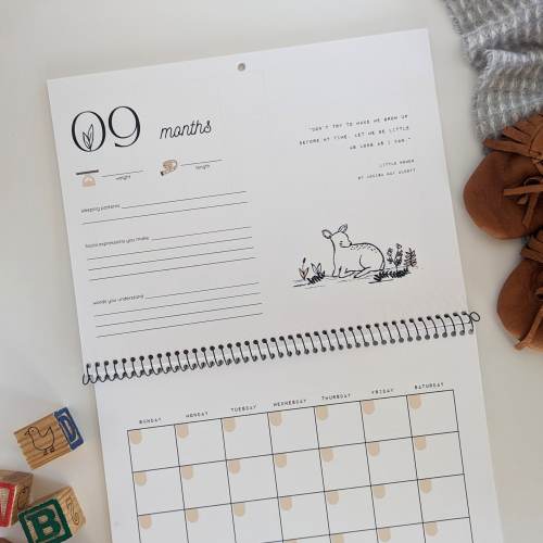 Your First Year Baby Calendar | Hand Drawn Animals | Book Quotes | Newborn Keepsake Journal | Undated | Nursery Calendar |Milestone Stickers