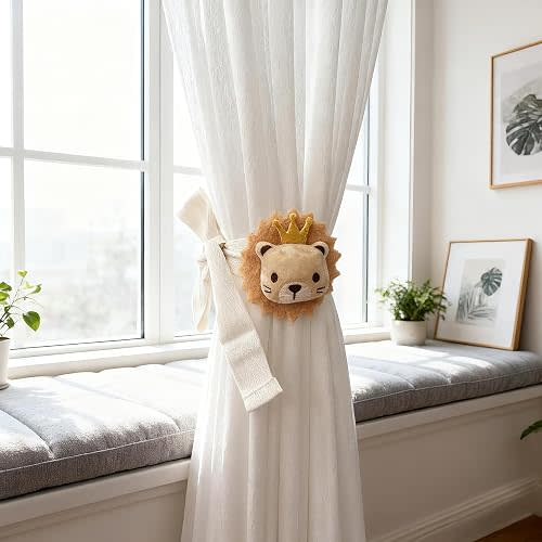 2 Pack Lion Curtain Tiebacks, Cute Cartoon Animal Curtain Holdbacks for Safari Nursery & Jungle Theme Rooms, Embroidered Decor for Baby's Bedroom, Kids Room Accessories (Lion)
