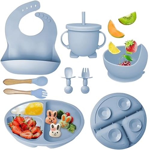 Silicone Baby Feeding Set, Baby Led Weaning Supplies with Suction Bowl Divided Plate, Toddler Self Feeding Dish Set with Spoons Forks Sippy Cup Adjustable Bib, Baby Eating Utensils(Grey Blue)
