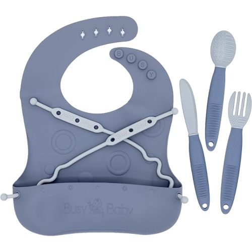 BUSY BABY Bungee Bib & Utensil Set – Adjustable Silicone Bib with Pocket & Tethered Utensils for Babies & Toddlers