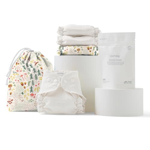 Esembly Try-It Kit - Cloth Diaper Starter Set with Organic Cotton Diapers, Waterproof Diaper Cover, Wet Bag, and Laundry Detergent - Fantastic Fungi, Size 1 (7-18lbs)