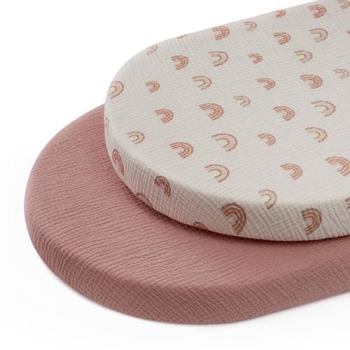 Blissful Diary Muslin Bassinet Sheets for Baby Girls Boys, Boho Soft Cotton Fitted for Oval Hourglass Rectangle Mattress, 2 Pack(Dusty Pink&Rainbow)