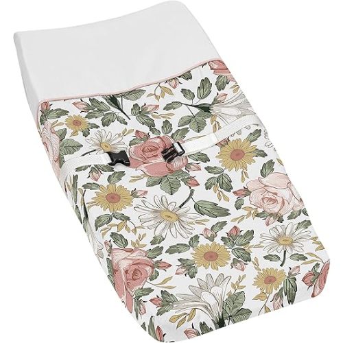 Sweet Jojo Designs Vintage Floral Boho Girl Baby Nursery Changing Pad Cover - Blush Pink, Yellow, Green and White Shabby Chic Rose Flower Farmhouse