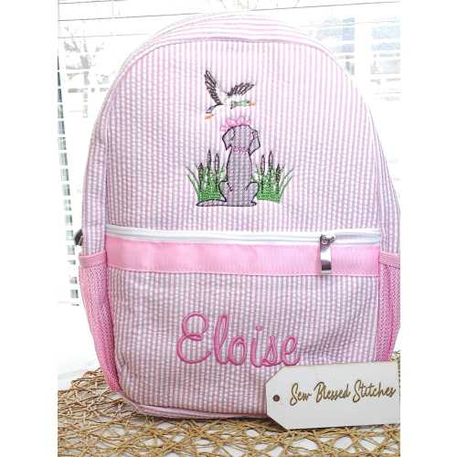 Personalized Seersucker Backpack: Embroidered Girl's Diaper Bag