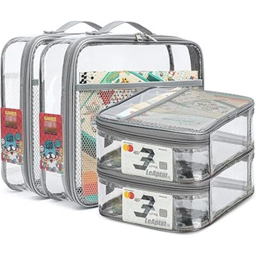 4 Pack Clear PVC Zippered Toy Storage Bags for Toy, Kids Toy, Building Blocks, Puzzle, Clay, Board Game Storage Organizer Travel Waterproof Small Bags With Name Tag Pocket (Gray, L & S)