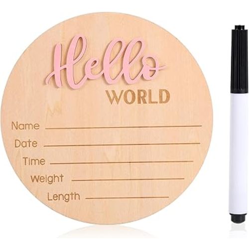 Newborn Announcement Sign with Pen, 5.9in Wooden Hello World Baby Welcome Sign for Newborn Boys and Girls Photo Props Baby Shower Hospital Nursery (Light Pink)