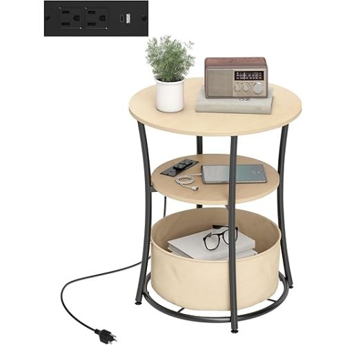 HOMCOM Round Side Table with Charging Station, 3-Tier End Table with Fabric Storage Bag, Shelf and Steel Frame for Living Room, Natural Wood