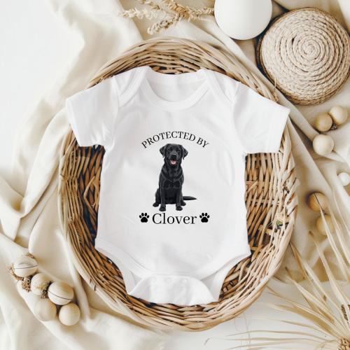Black Labrador 'Protected by' Baby Bodysuit | Personalized Dog Name, Protected by Labrador Dog Custom Baby Bodysuit