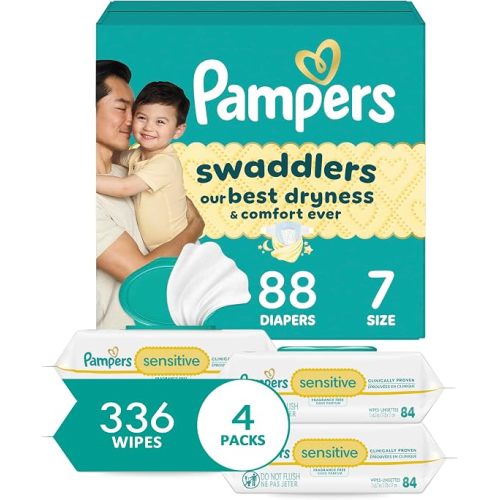Fraldas descartáveis ​​Pampers Swaddlers tamanho 1, suprimento para um mês (198 unidades) com lenços umedecidos Sensitive à base de água, 4 pacotes com tampa de pressão (336 unidades) [A embalagem pode variar]