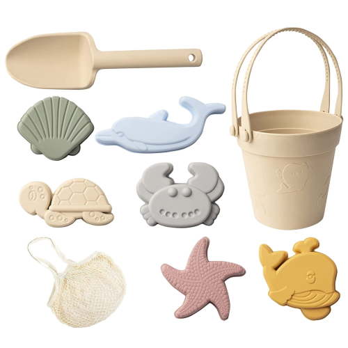 XY Trend Box Eco-Friendly Beach Toy Set for Kids 9 Piece Silicone Sand Toys with Bucket, Shovel, and Ocean Animal Molds