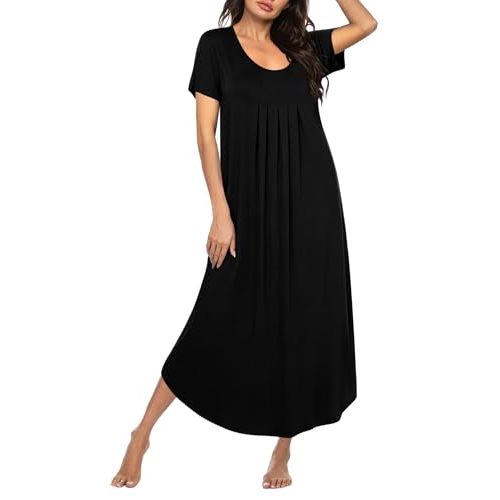 Ekouaer Long Nightgowns for Women House Dress Plus Size Sleepwear Pleated Full Length Loungwear S-4XL