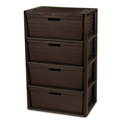 Sterilite Wide 4 Drawer Tower, Easy to Assemble with Removable Decorative Cross-Weave Plastic Drawers, Tool-Free, Brown