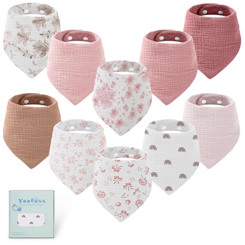 Yoofoss Muslin Baby Bibs 10 Pack 100% Organic Cotton 6-Layer Soft Absorbent Drool Bandana Baby Bibs for Drooling and Teething for Boys and Girls, Pink Flower