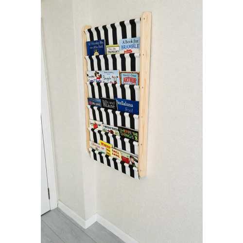 Montessori Black Canvas Book Rack, Washable Fabric Nursery Organizer, Space Saving Wooden Display Shelf, Soft Storage