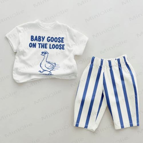 BABY GOOSE ON THE LOOSE Baby Blue Vertical Striped 2-piece Set