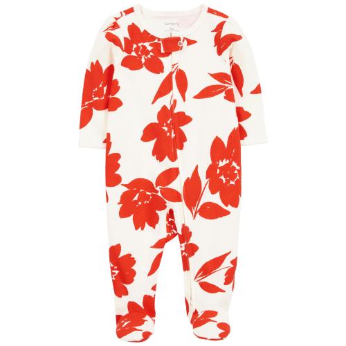 Baby 2-Way Zip Floral Cotton Sleep & Play Pajamas - Style,Ivory/Red
