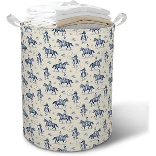 Blue and White Western Laundry Basket Hamper, Cowboy Lasso Riding Horse Southwestern Foldable Clothes Toys Books Storage Box Bins Baskets Organizer for Bedroom Bathroom Home