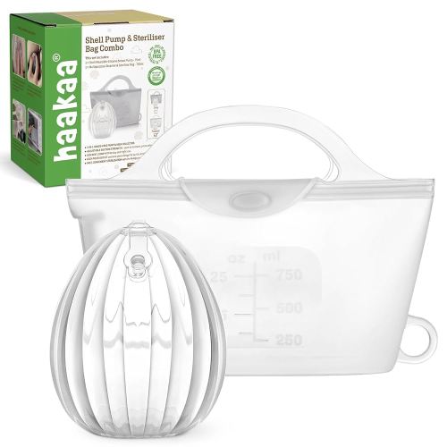 haakaa Wearable Silicone Breast Pump with Steriliser Bag, 2-in-1 Hands-Free Passive Breast Milk Catcher for Nursing Mom, Breastfeeding Essentials, 75ml Shell Pumps & 1 Steriliser Bag - Frosted