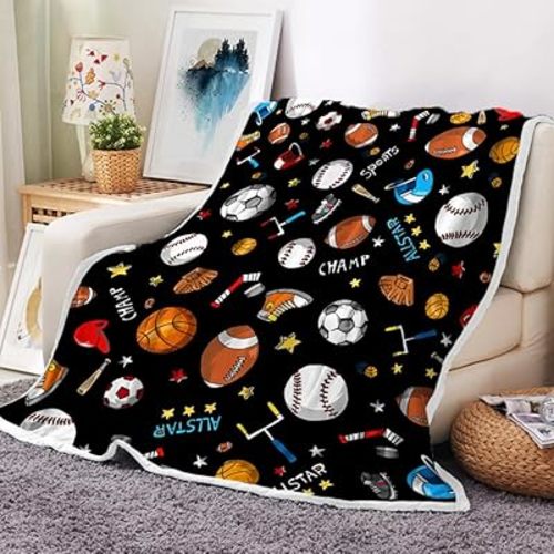 Sports Fan Fleece Throw Blanket - Basketball, Baseball, Football, Soccer - Cool Blanket for Boys, Kids, and Children - 60X50 Inch, Black