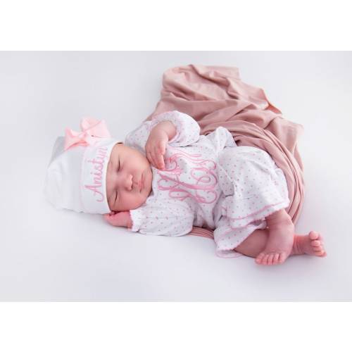 Baby girl coming home outfit, monogrammed ruffle romper, pima cotton, sk creations, Preemie, Newborn, pink dot