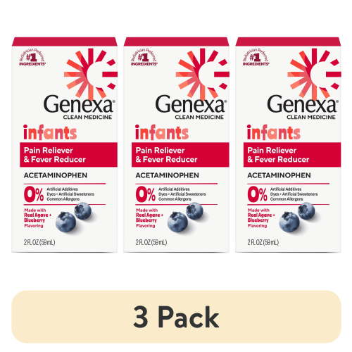(3 pack) Genexa Infants’ Clean Pain & Fever Acetaminophen, Dye Free, Organic Blueberry, 2 fl oz
