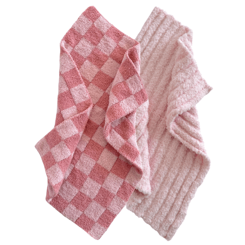 2-Pack Phufy® Bliss Mini Blanket, Baby Pink Wave/Strawberry Carnation Checkerboard
