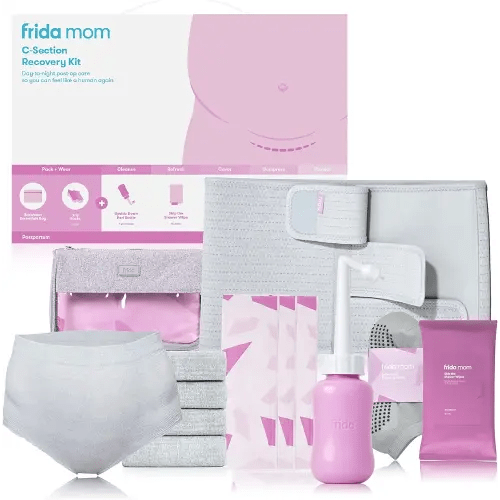 Frida Mom C-Section Recovery Must Have Kit for Labor, Delivery, & Postpartum, Socks, Peri Bottle, Disposable Underwear, Abdominal Support Binder, Shower Wipes, Silicone Scar Patches, & Toiletry Bag