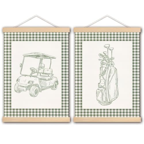 DNEULYR Sage Green Checkered Golf Wall Art Poster, Golf Nursery Wall Decor, Retro Golfing Golfer Poster Hanger Frame for Kids Boys Room Bedroom Nursery Playroom, 12x16 Inches Set of 2