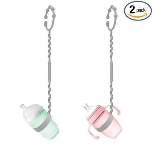 Keep Bottles and Sippy Cups Off the Floor with Sippy Cup Strap - Food Grade Silicone Bottle Bungee for High Chair, Stroller & More - Great for Babies and Toddlers - Grey, 2Pack