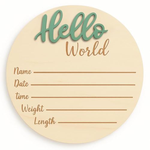 Baby Announcement Sign – 6” Wooden Hello World Newborn Name Sign, Hospital Birth Stat Plaque, Gender-Neutral Welcome Baby Keepsake, Personalized Photo Prop for Boys & Girls, Newborn Gift (Green)