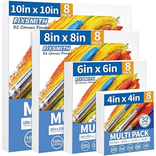 FIXSMITH Canvas Boards for Painting, Multi Pack- 4x4,6x6,8x8,10x10 (8 of Each),32 Pack,100% Cotton Primed Canvas Panels for Acrylic, Oil, Art Supplies for Kids, Adults, Beginners