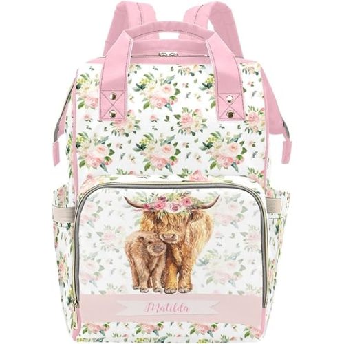 Personalized Cute Cow Diaper Bag for Women, Custom Name Nursing Mommy Daypack, Diaper Bag for Baby Boy Girl, New Mom Gifts