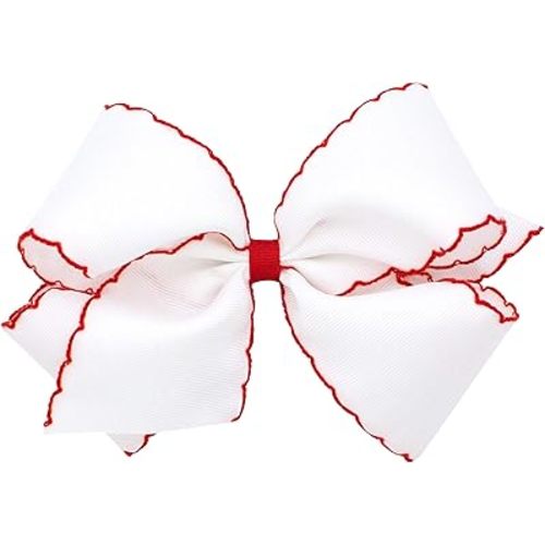 Wee Ones Girls' Classic Grosgrain Moonstitch Edge Hair Bow, No-Slip Hair Clip, Handmade, White with Red, King