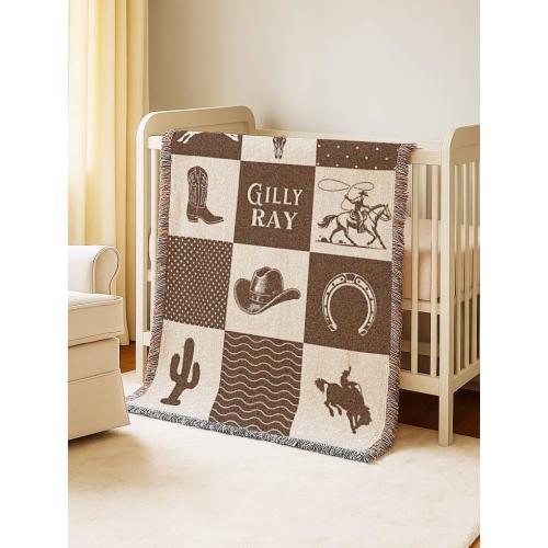 Western Baby Blanket with Name Cowboy Patchwork Woven Quilt Ranch Blanket Boy Western Nursery Crib Blanket Monogram Fringe Throw Longhorne