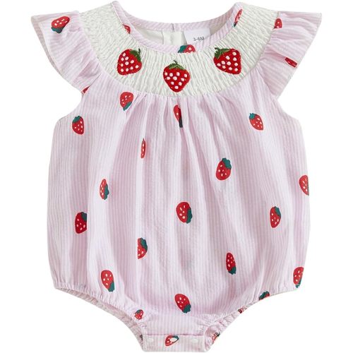 Kayotuas Newborn Baby Girls Smocked Bubble Romper Cute Embroidery Ruffle Gingham Bodysuit Dress Infant Toddler Summer Clothes