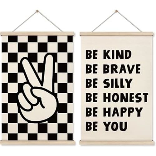 HRQKO Boys Room Wall Decor Posters Hanger Frame Set of 2, Positive Affirmations Decor with Wooden Frames, Black Checked Peace Sign Banner Prints Wall Hanging Decor for Boy Nursery Kids Playroom, 16x24 inch