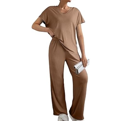 SHEWIN Women's Pajama Sets Long Sleeve Short Sleeve 2 Piece Lounge Sets Ribbed Knit Sweater Sleepwear