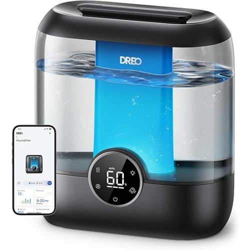 Dreo Smart Humidifiers for Bedroom, 6L Top Fill Supersized Cool Mist Humidifier for Large Room, 60 Hour Runtime, Quiet Ultrasonic Humidifiers for Plants, Baby, Indoor, Home, Night Light, Black