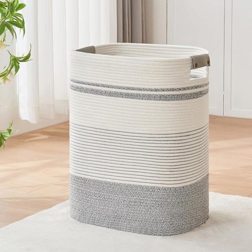 Laundry Hamper - 85L Large Laundry Basket with Leather Handles, Decorative Storage Basket for Blankets - Clothes Hamper for Living Room, Bedroom, Grey & White