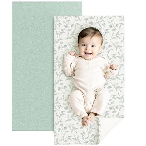 Konssy Faux Leather Baby Changing Mat, Waterproof, Wipeable & Portable Diaper Changing Pad for Travel or Home, Fits Perfectly in Diaper Bag, 30 x 17 inches (Green,Green Leaves)