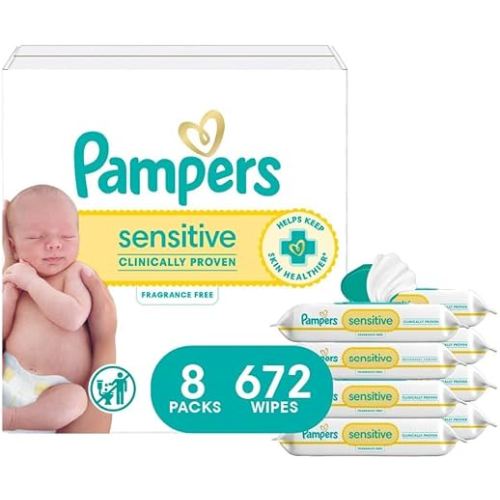 Pampers Baby Wipes, Sensitive, Water Based Wipe, Clinically Proven, Hypoallergenic, and Unscented for Babies, 672 Wipes Total (8 Flip-Top Packs) [Packaging May Vary]