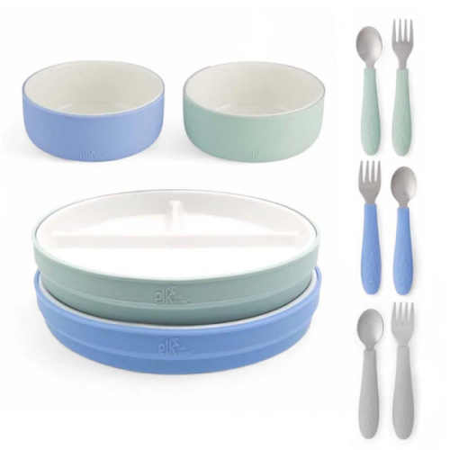 Kids Porcelain Mealtime Bundle | Normal Sleeves | 7.8" Plates, Bowls + Toddler Utensils | 10 Pcs | Sage/MistyBlue