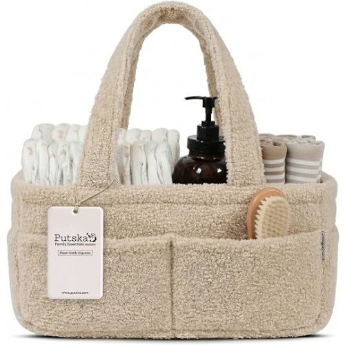 PUTSKA Baby Diaper Caddy Organizer, Nursery Fleece Basket (Cream, Fleece)