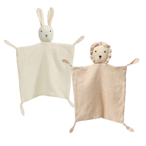 insular Lovey Blanket for Boys and Girls, Organic Cotton Muslin Security Blanket for Babies, Soft Breathable Lovie Soothing Towel for Newborn and Infant, 2 Pcs Set (Beige&Khaki)