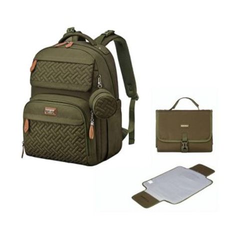 BabbleRoo Premium Bundle Travel Diaper Bag Backpack & Vegan Leather Changing Pad, Spacious & Stylish, Army Green Pañaleras Para Bebe
