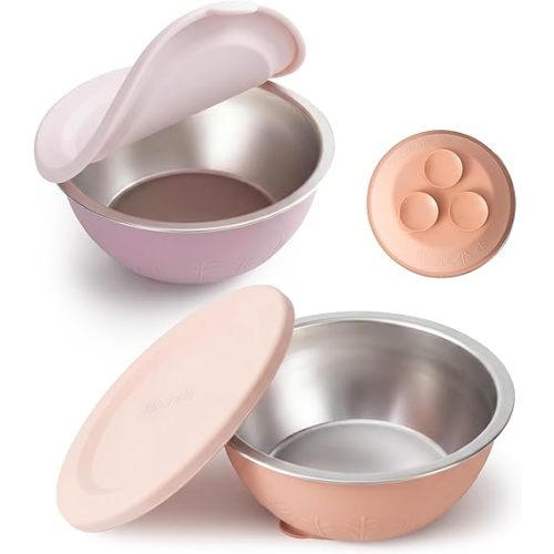 Moonkie Baby Bowls with Suction, Stainless Steel & Silicone Toddler Bowls with Lids, Seamless One-Piece Design Silicone Bowls for Babies 4 Months+, 13oz, BPA-Free, Lead-Free, Dishwasher Safe, 2 Pack