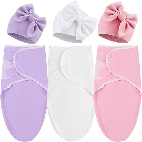 DRESHOW BQUBO 3 Pack Newborn Baby Swaddle Blanket with Hats Infant Adjustable Swaddling Wraps with Bear Ears Cap for 6-12 Lbs Newborns & 0-3 Months Girls Boys
