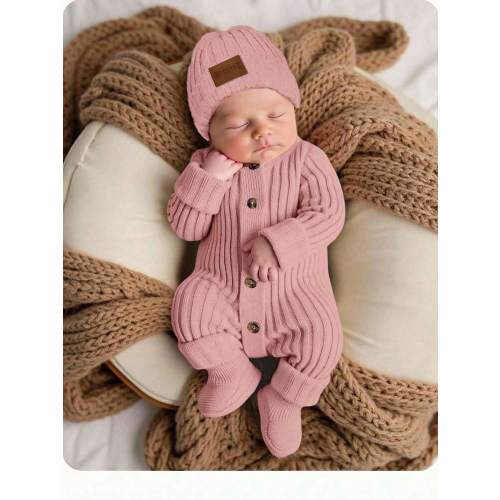 SHEIN Newborn Baby Girl Cute Autumn/Winter Versatile Knitted Romper With Footies And Hat Set Newborn Baby Photoshoot Outfit Pink Newborn Outfit Newborn Sweater Romper Baby Knit Jumpsuit Newborn Knit Outfit for Sale New Zealand| New Collection Online| SHEI